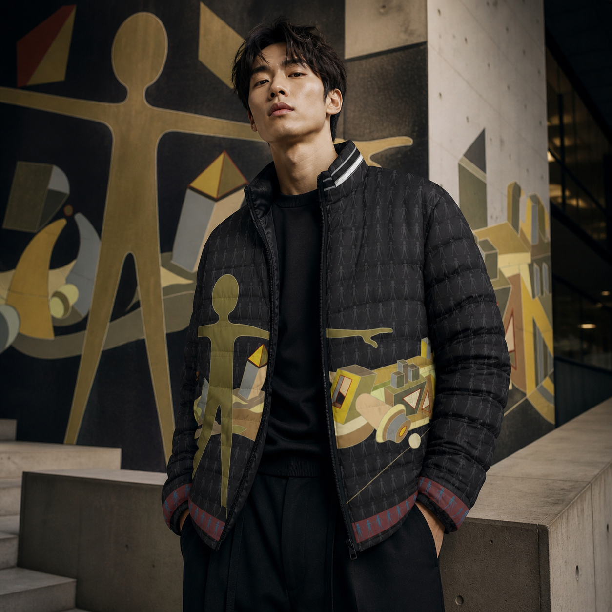 Abstract Figure Puffer Jacket — Geometric Art Graphic Men’s Jacket