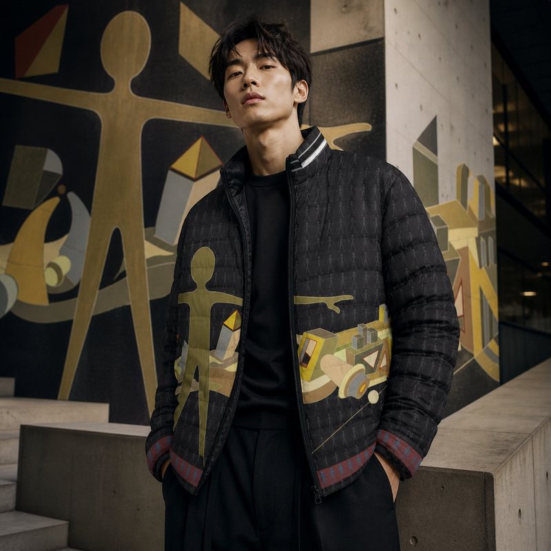 Abstract Figure Puffer Jacket — Geometric Art Graphic Men’s Jacket