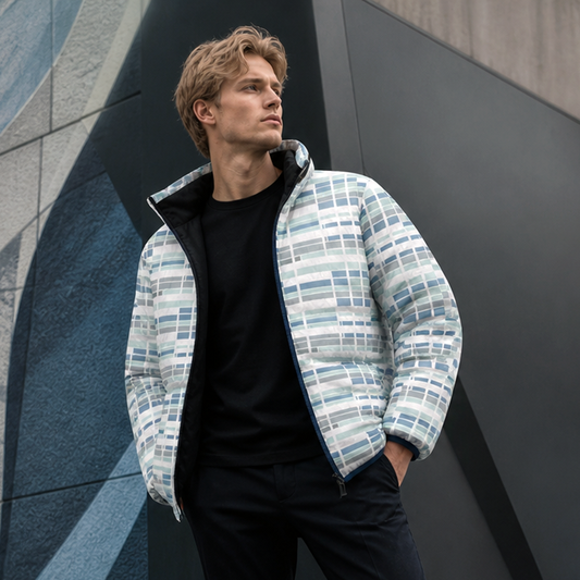 Men's Puffer Jacket — Cool Blue Geometric Plaid All-Over Print Printify bakabo.club
