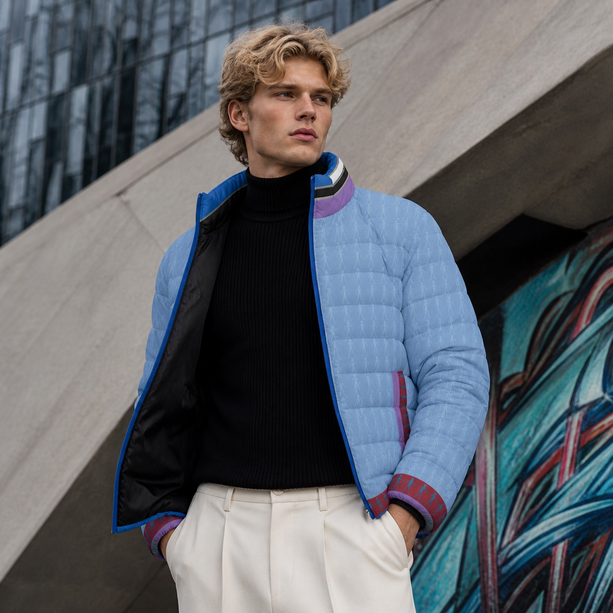 Men's Quilted Puffer Jacket — Light Blue Patterned All-Over Print
