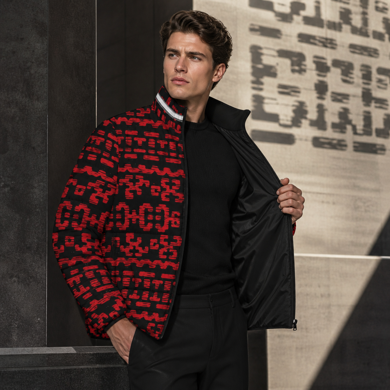 Red & Black Geometric Puffer Jacket