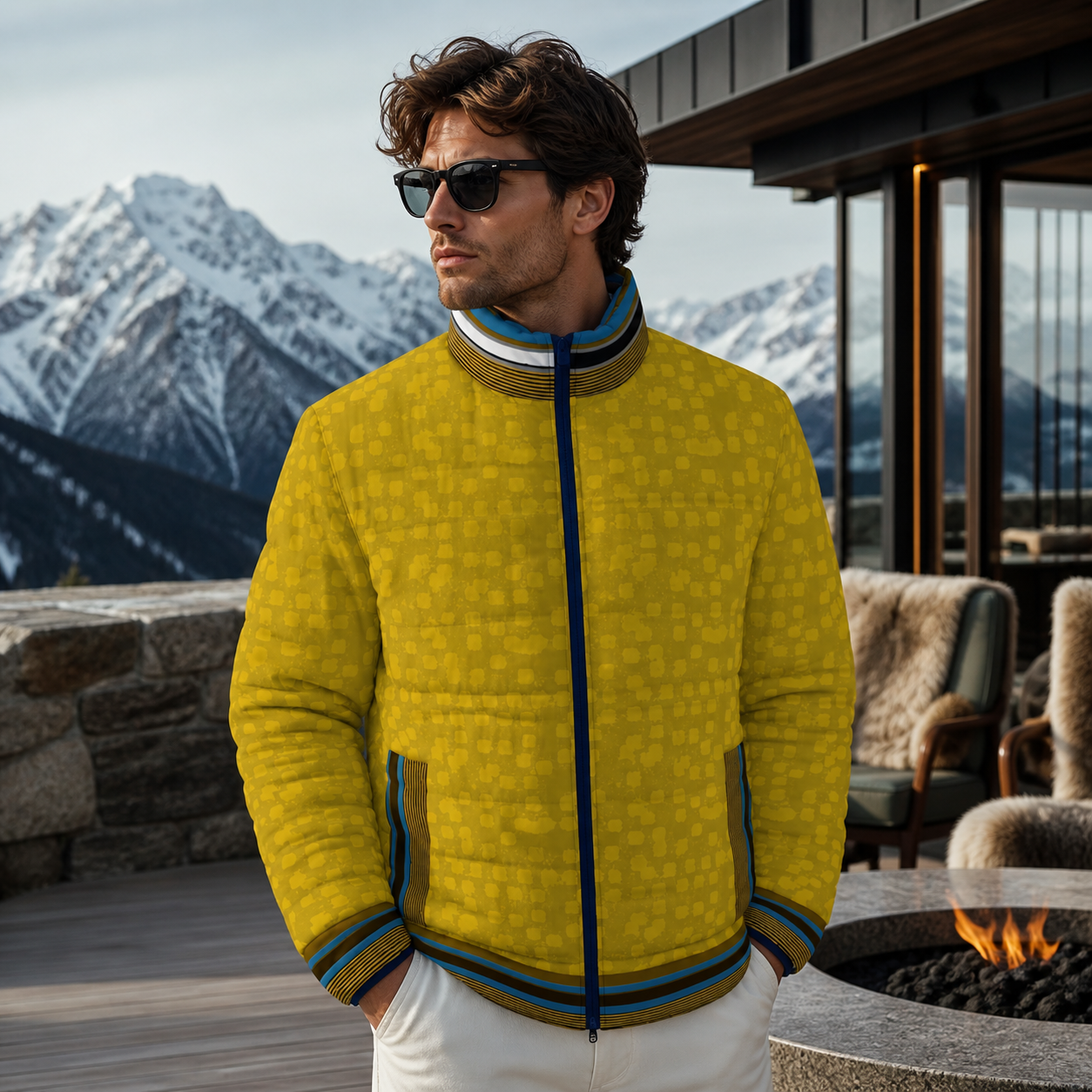 Men's Mustard Geometric Puffer Jacket Printify bakabo.club