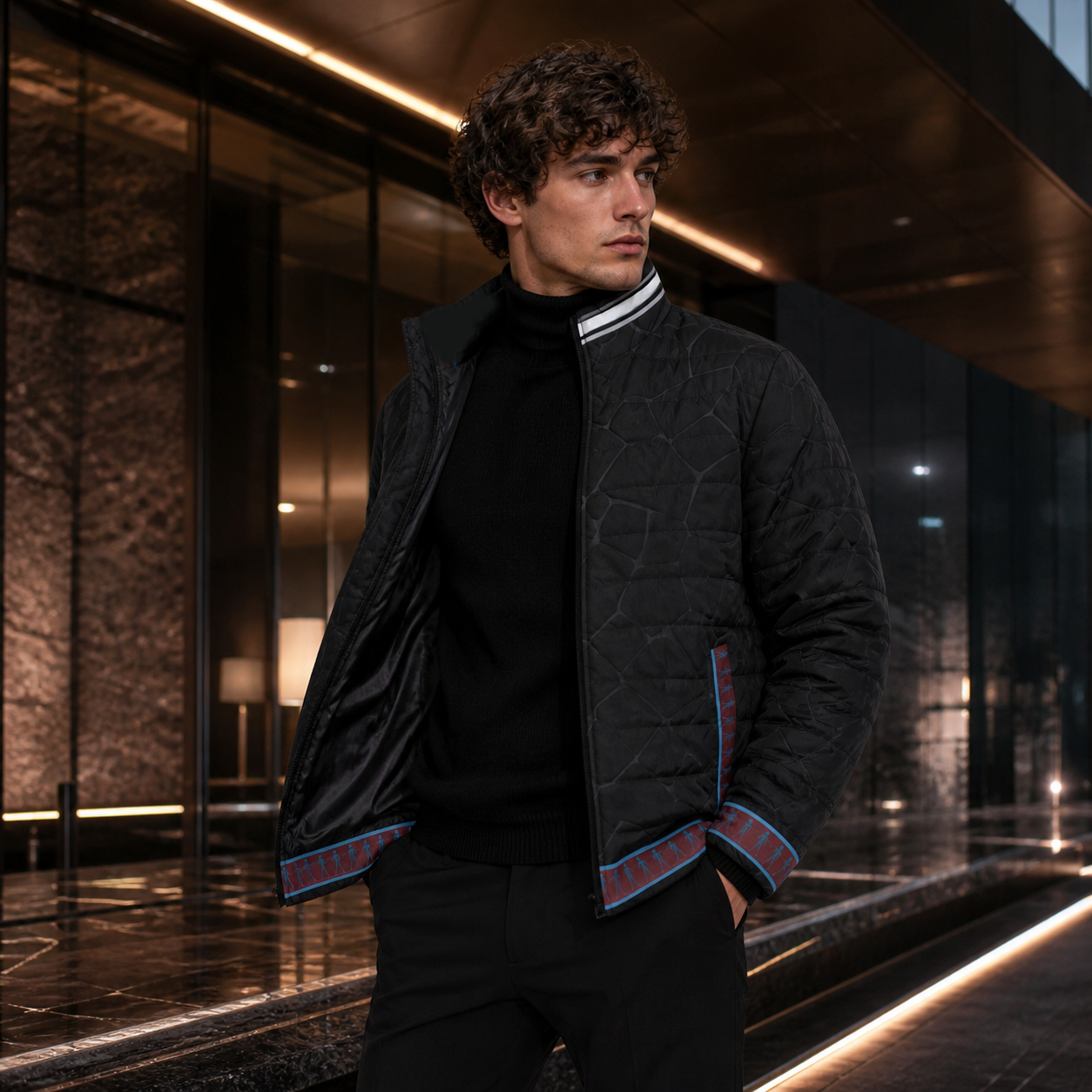 Men's Quilted Puffer Jacket – Black with Subtle Stripe Trim