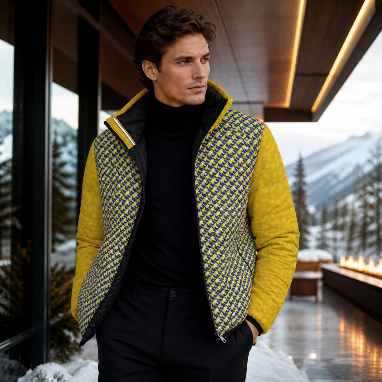 Men's Puffer Jacket — Yellow Geometric All-Over Print, Casual Lightweight Cold-Weather Coat