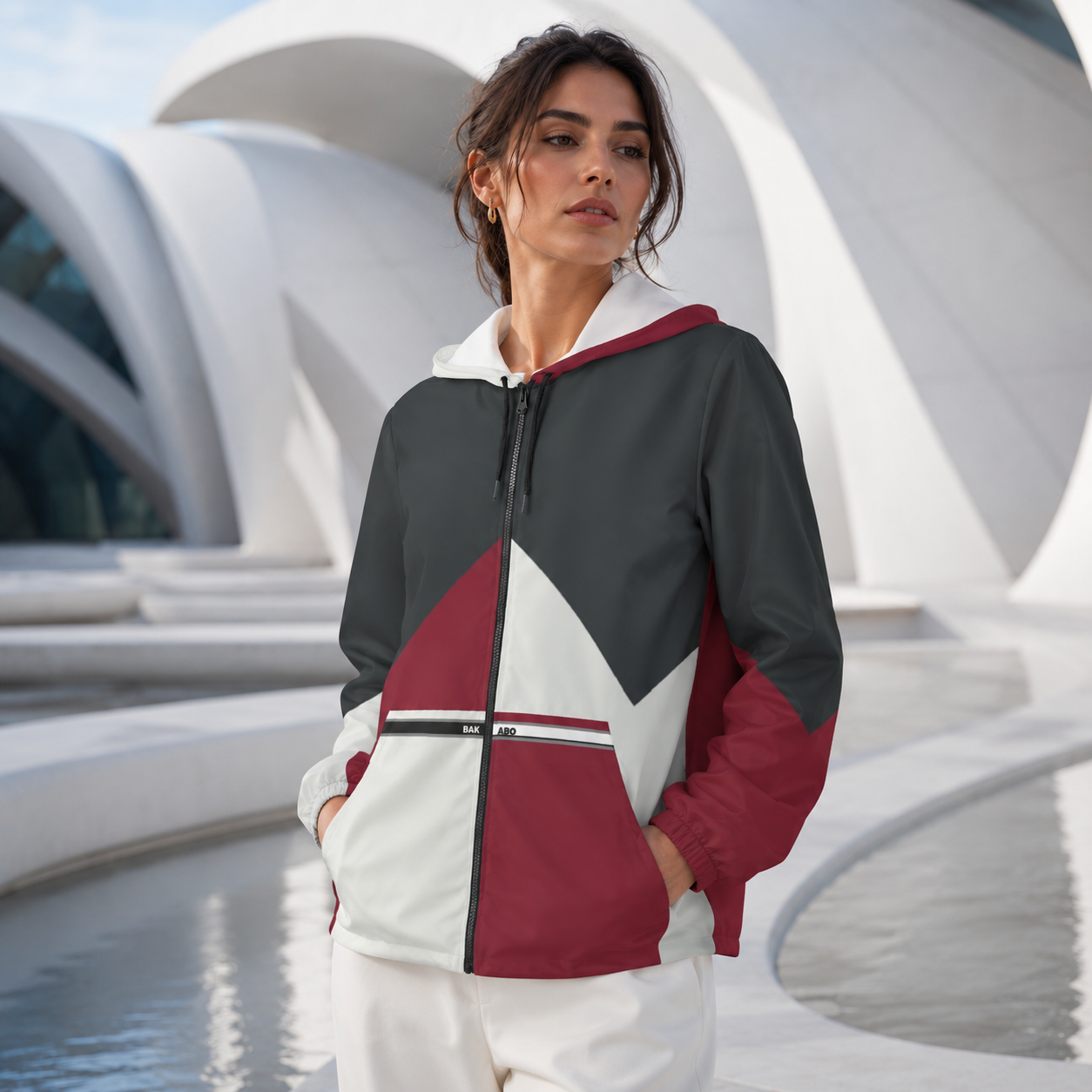 Colorblock Chevron Windbreaker Jacket — Red, Charcoal & White Hooded Jacket Printify bakabo.club