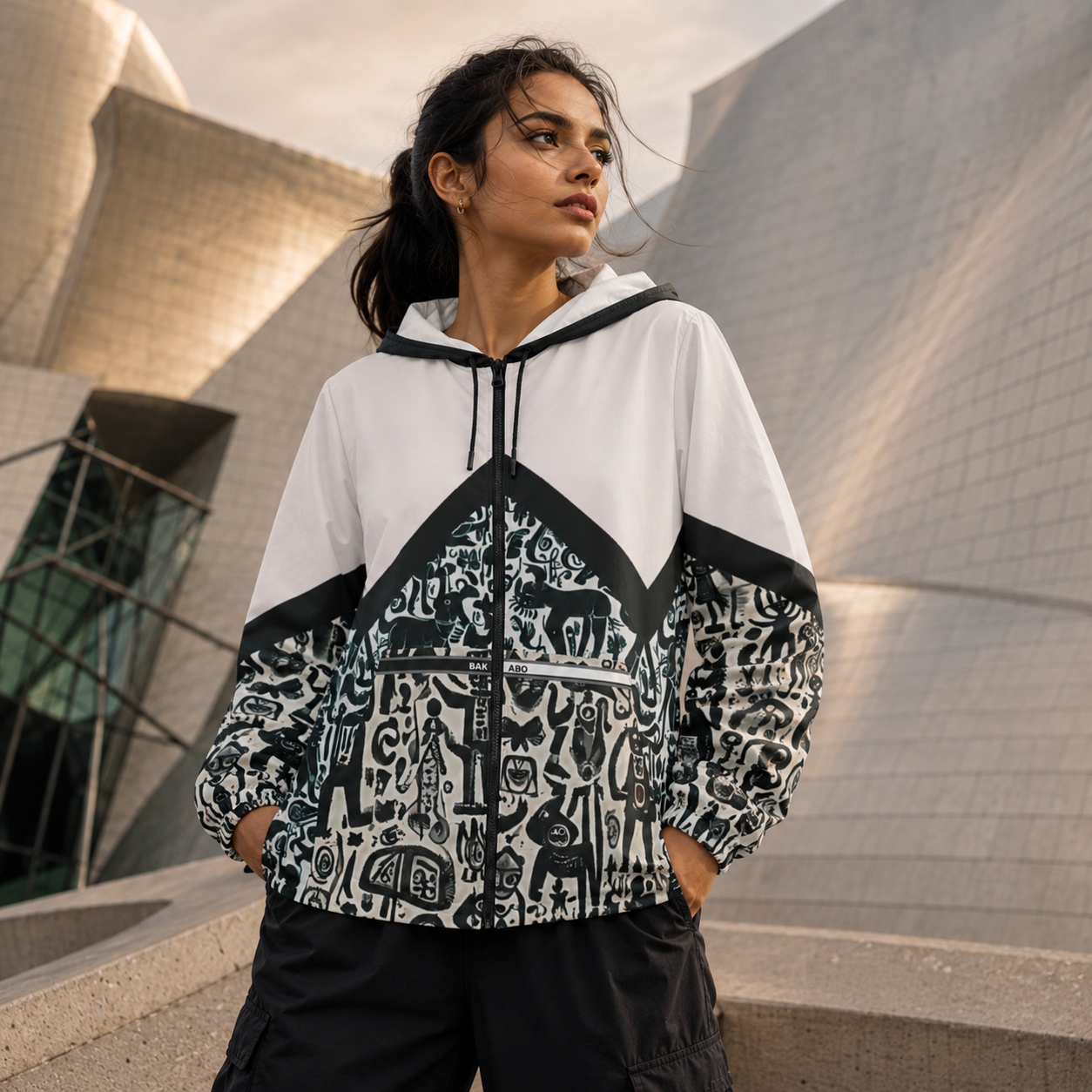 Monochrome Doodle Windbreaker Jacket – Abstract Tribal Pattern Printify bakabo.club