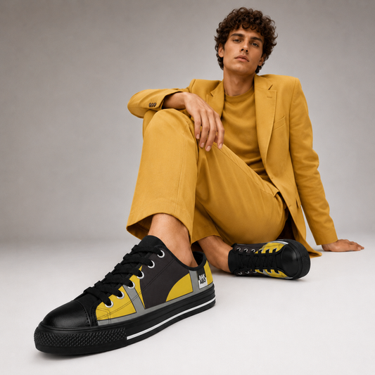 Yellow Black Geometric Sneakers — Men's Low-Top Canvas Shoes Printify bakabo.club