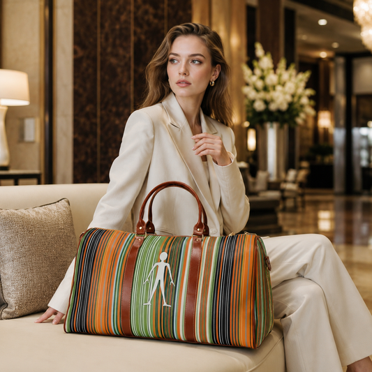 Striped Waterproof Travel Bag — Colorful Weekend Duffel with Stick Figure Graphic Printify bakabo.club