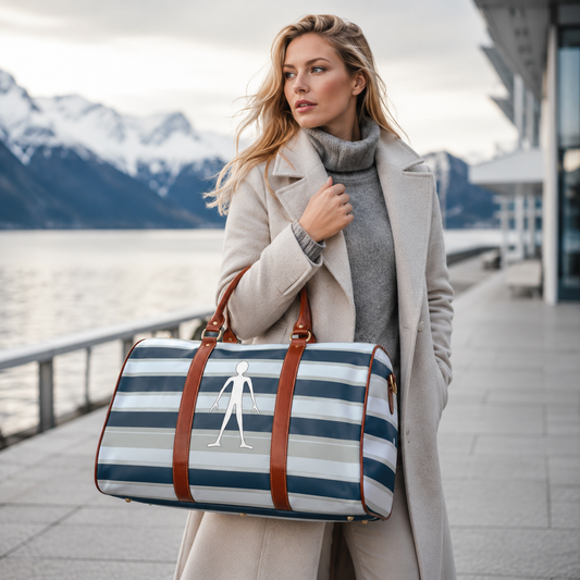 Striped Waterproof Travel Duffel Bag — Nautical Grey Stripes with Minimalist Figure Printify bakabo.club