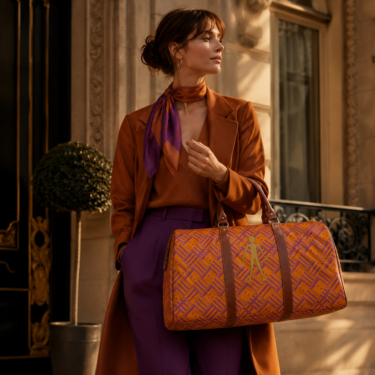 Waterproof Travel Bag - Orange Geometric Duffle with Gold Stick Figure Accent Printify bakabo.club
