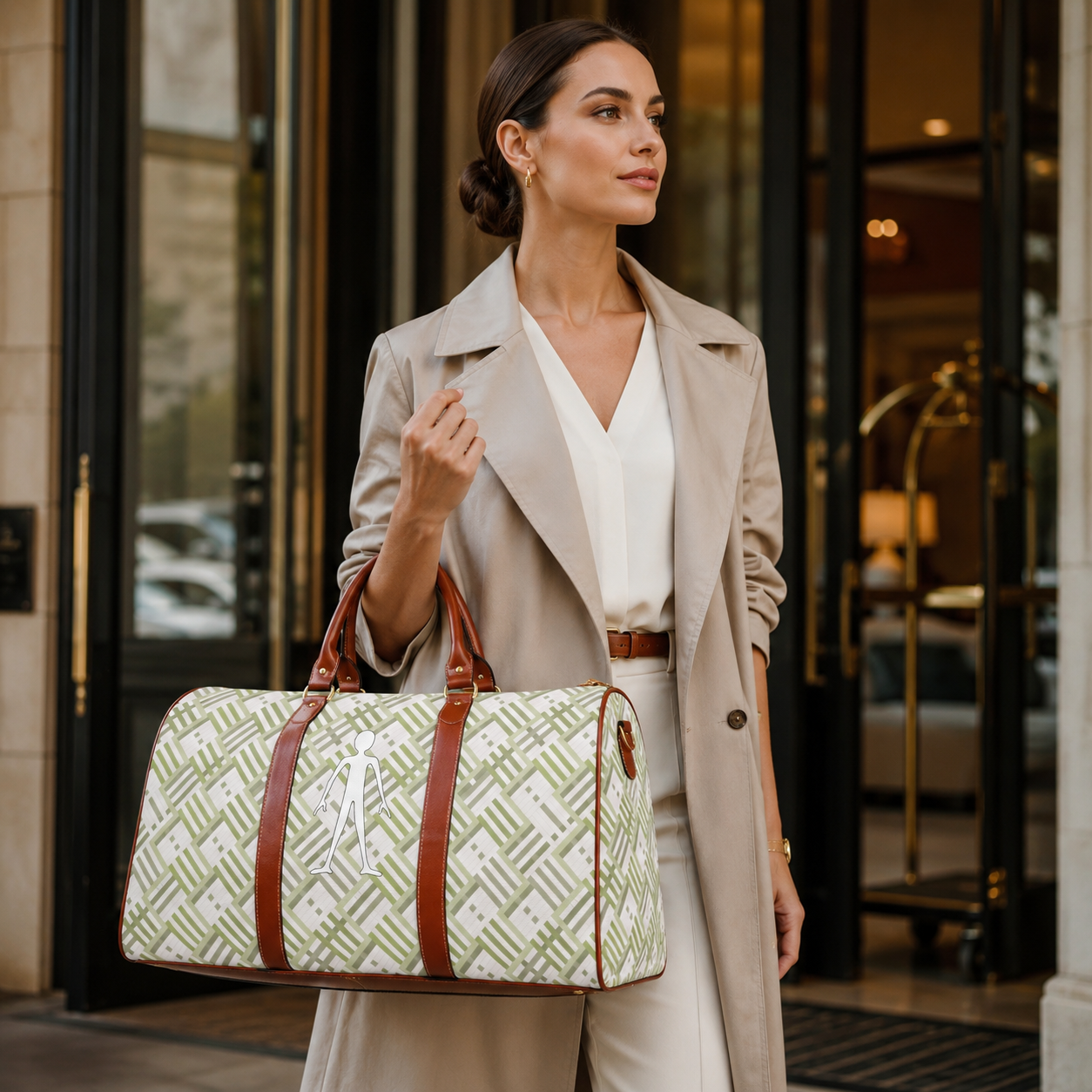 Waterproof Travel Bag – Olive Geometric Weekender Duffle with White Walker Icon Printify bakabo.club