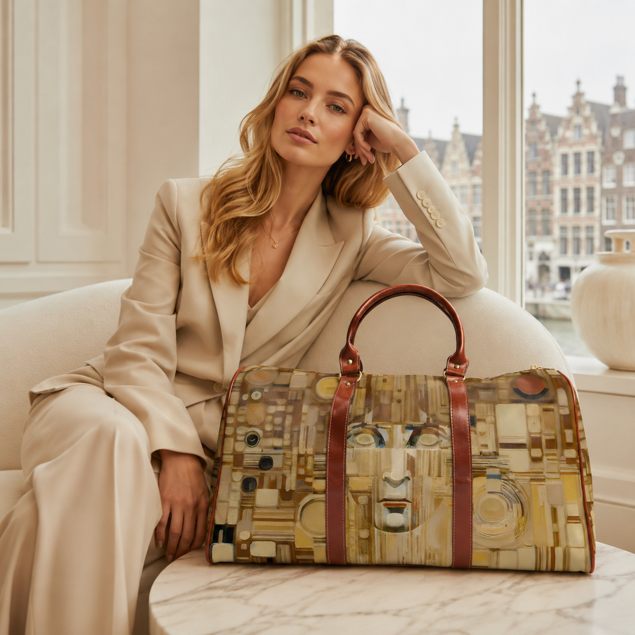 Abstract Gold Mosaic Duffel Bag – Waterproof Travel Bag with Modern Face Art Printify bakabo.club