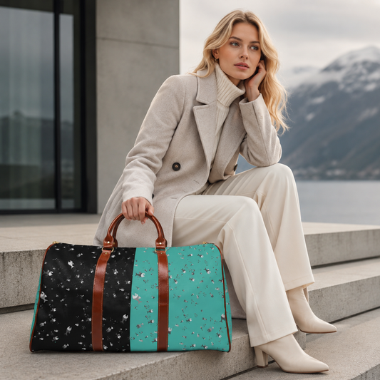 Aqua & Noir Splatter Waterproof Travel Bag — Durable Weekend Duffle for Beach, Gym & Getaways Printify bakabo.club