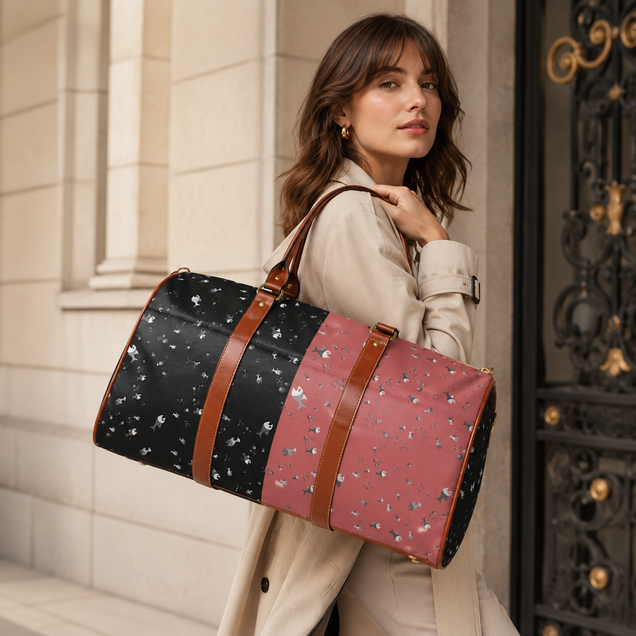 Speckled Two-Tone Waterproof Travel Duffle Bag — Black & Rose Weekend Bag Printify bakabo.club