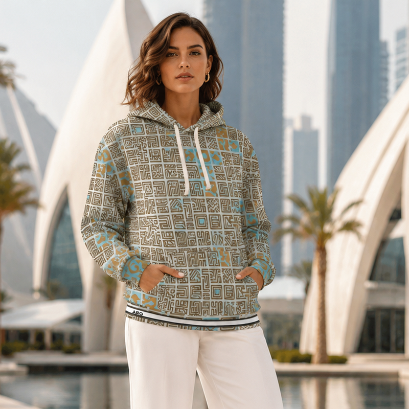 Geometric Maze Pattern Hoodie — Earth Tone All-Over Print
