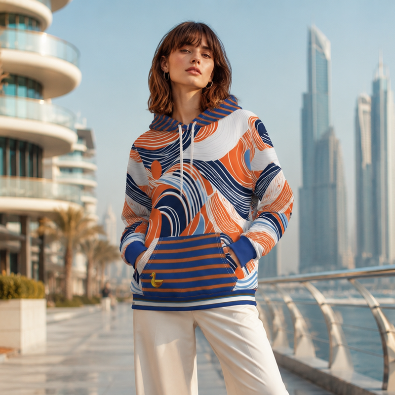 Abstract Wave Pattern Hoodie — Orange & Navy All-Over Print Pullover