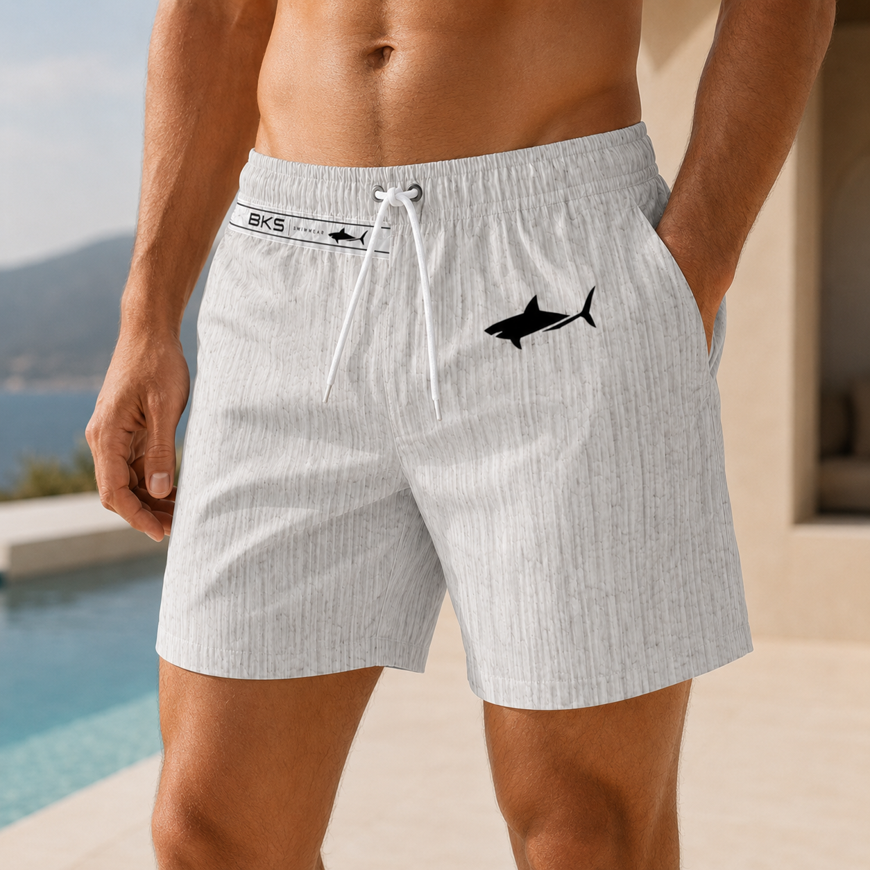 Men's Light Gray Textured Swim Trunks — Subtle Woodgrain AOP Beach Shorts Printify bakabo.club