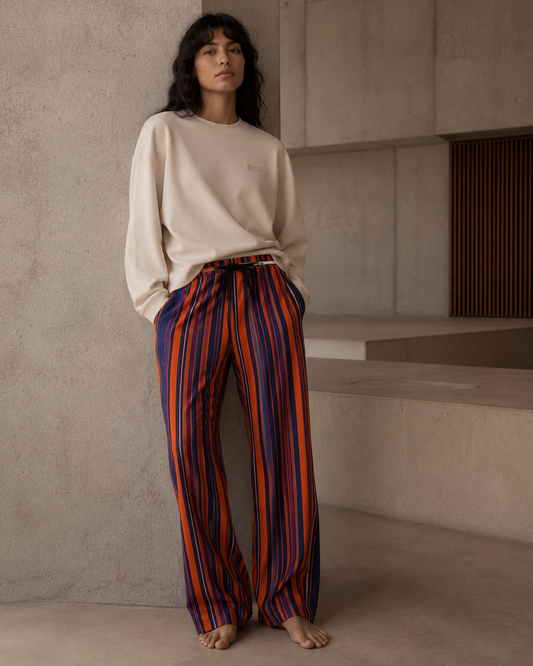 Striped Cozy Pajama Pants — Women's Wide-Leg Lounge Sleepwear Printify bakabo.club