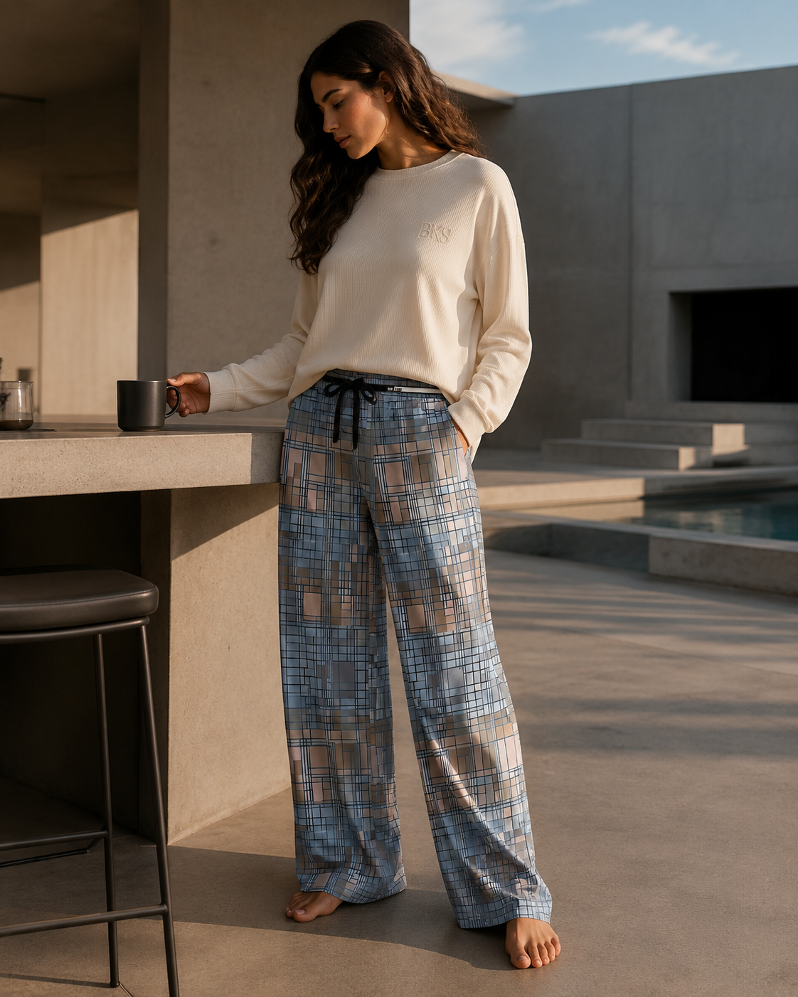 Women's Plaid Lounge Pajama Pants — Soft Blue Geometric Print Printify bakabo.club