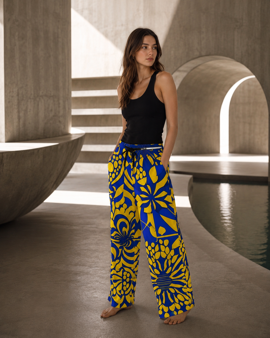 Floral Blue & Yellow Women's Pajama Pants — Bold All-Over Print Loungewear Printify bakabo.club