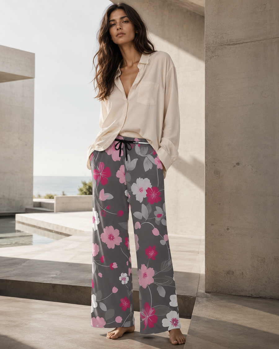Floral Lounge Pajama Pants — Pink & Gray Blossom Sleepwear Printify bakabo.club