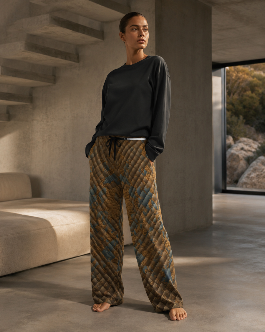 Quilted Leather-Texture Women's Pajama Pants — Cozy Rustic Brown Pattern Printify bakabo.club