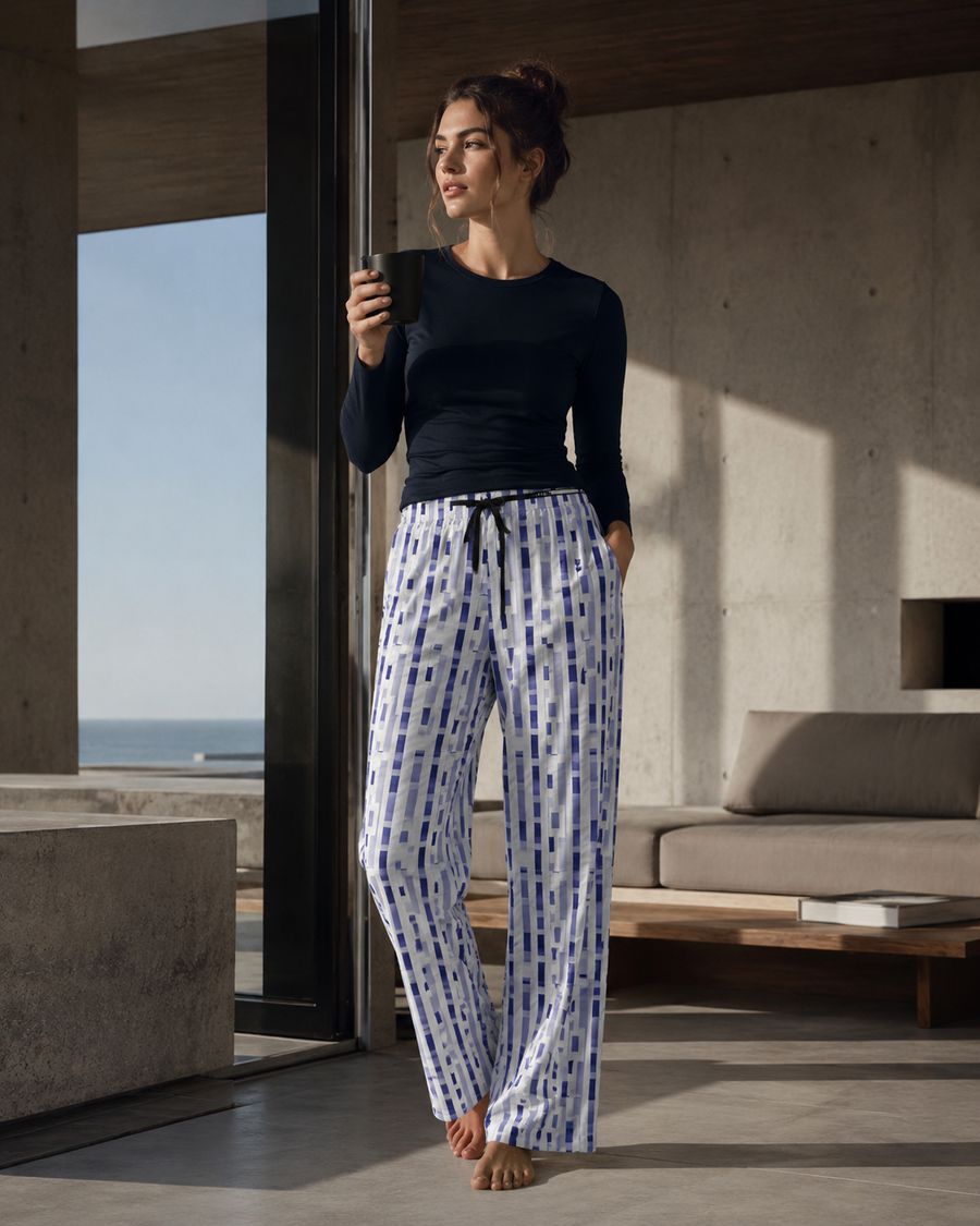 Blue Geometric Stripe Pajama Pants - Women's Cozy Lounge Sleepwear Printify bakabo.club
