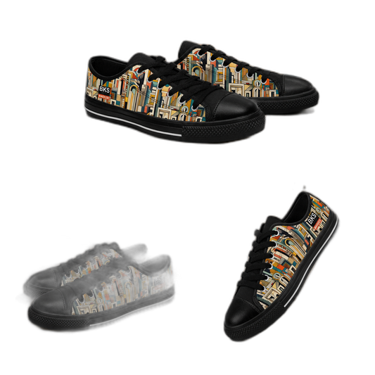 BKS Marker Cell™ Sneakers — transparent product shot, AOP cellular gestural print on white canvas low-top