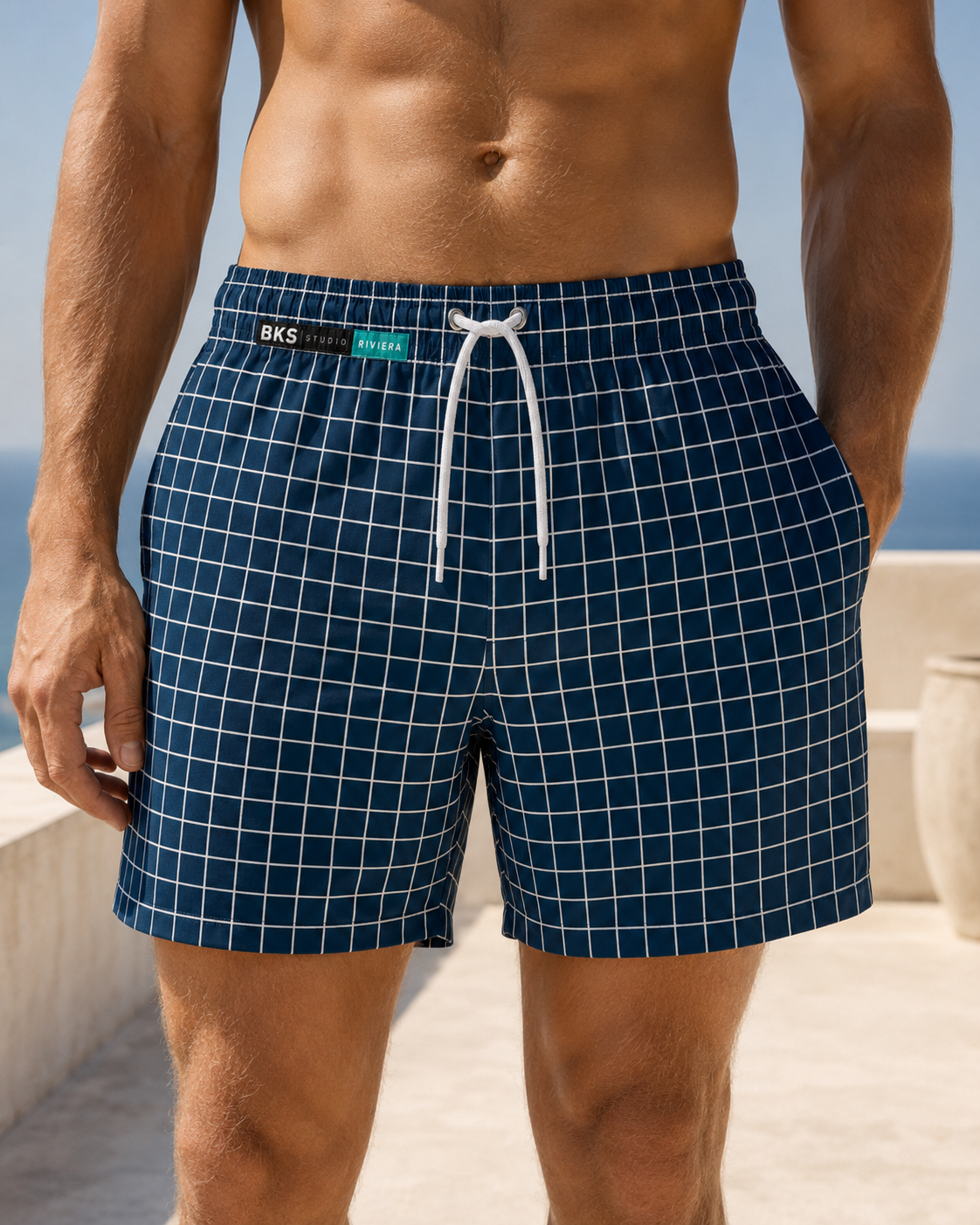 Riviera Coast Grid Blue™ Swim Trunks — front view