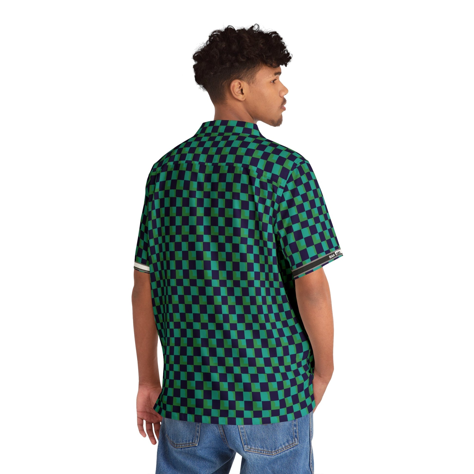Checkered Hawaiian Shirt — Green & Navy Retro AOP Camp Shirt Printify bakabo.club