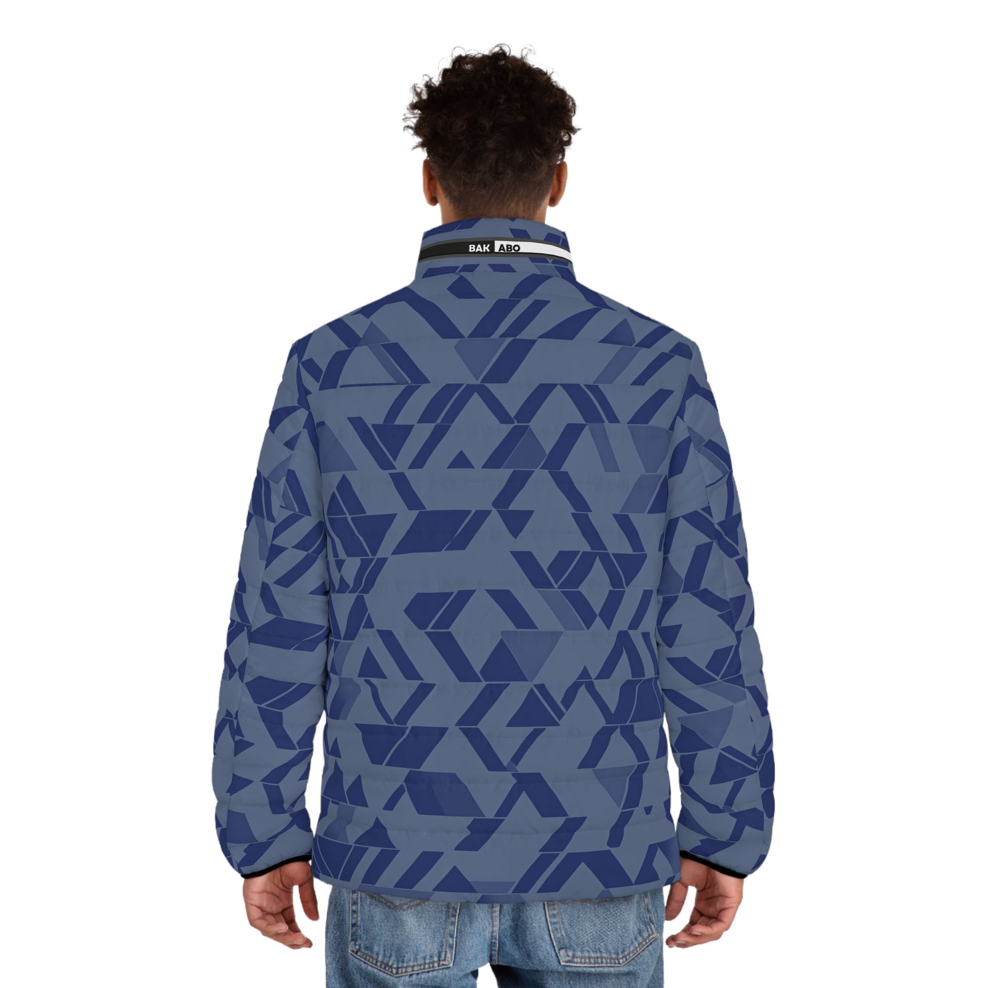 Blue Geometric Pattern Men's Puffer Jacket Printify bakabo.club