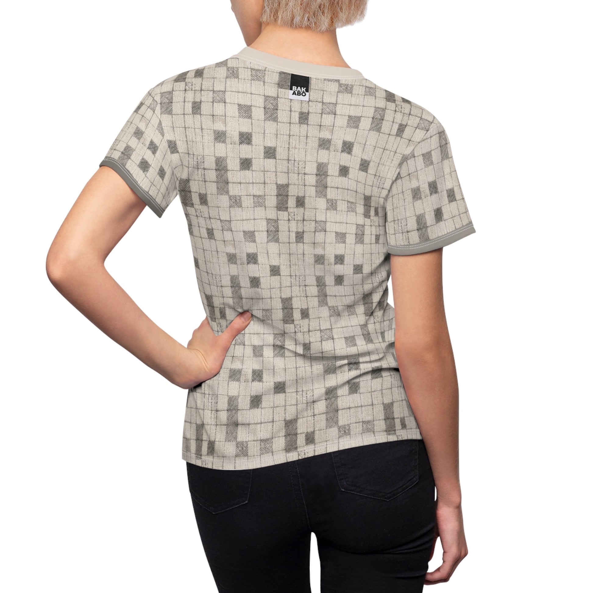 Women's Geo Grid Tee — Neutral Pixel Check Pattern Printify bakabo.club