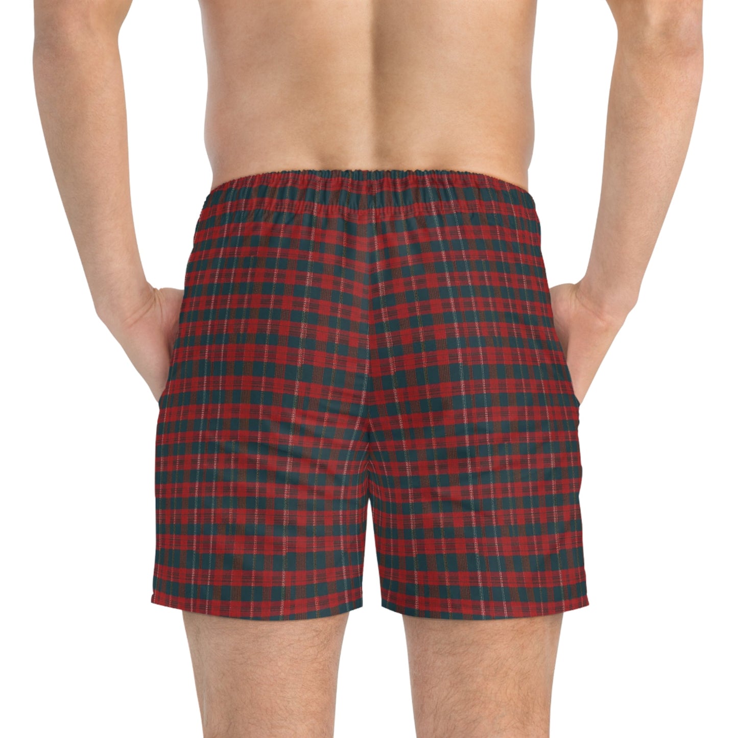 Red Green Tartan Plaid Swim Trunks — Classic Holiday Plaid Beach Shorts Printify bakabo.club