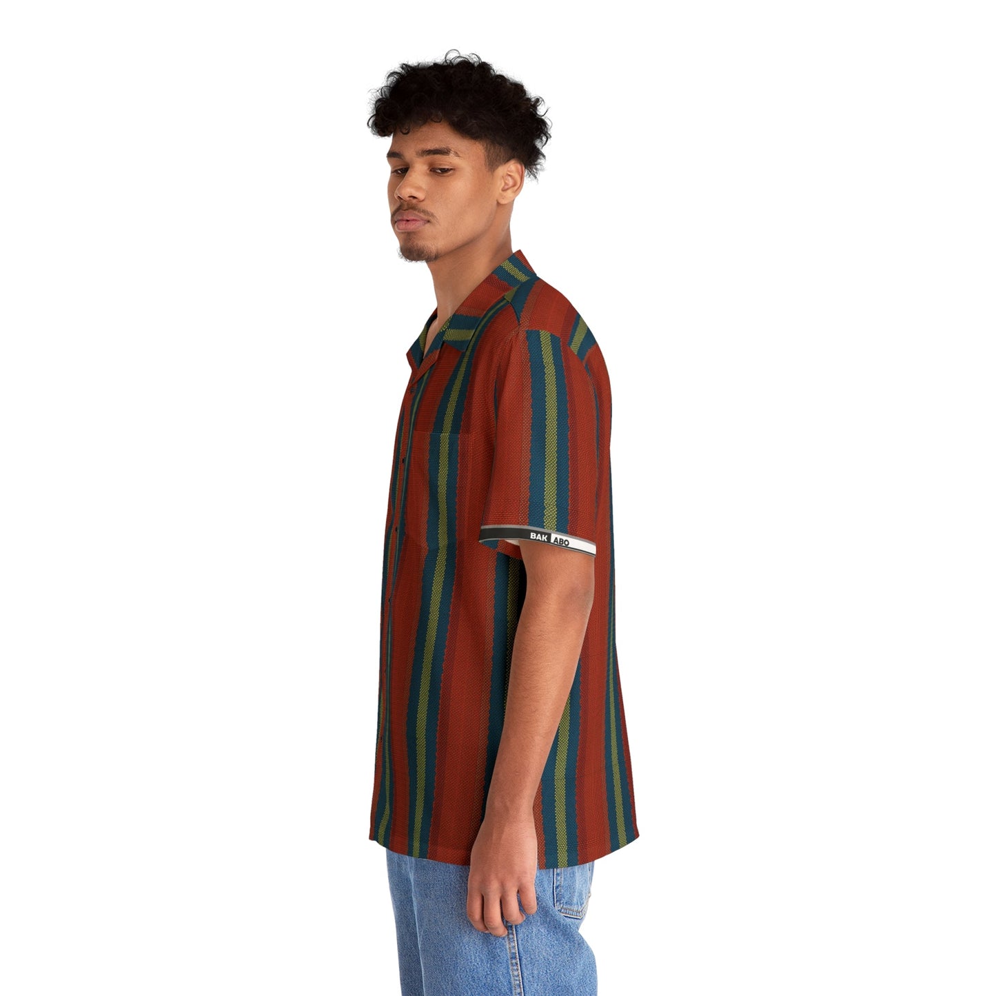 Men's Retro Stripe Hawaiian Shirt — Red Teal Camp-Collar Aloha Printify bakabo.club