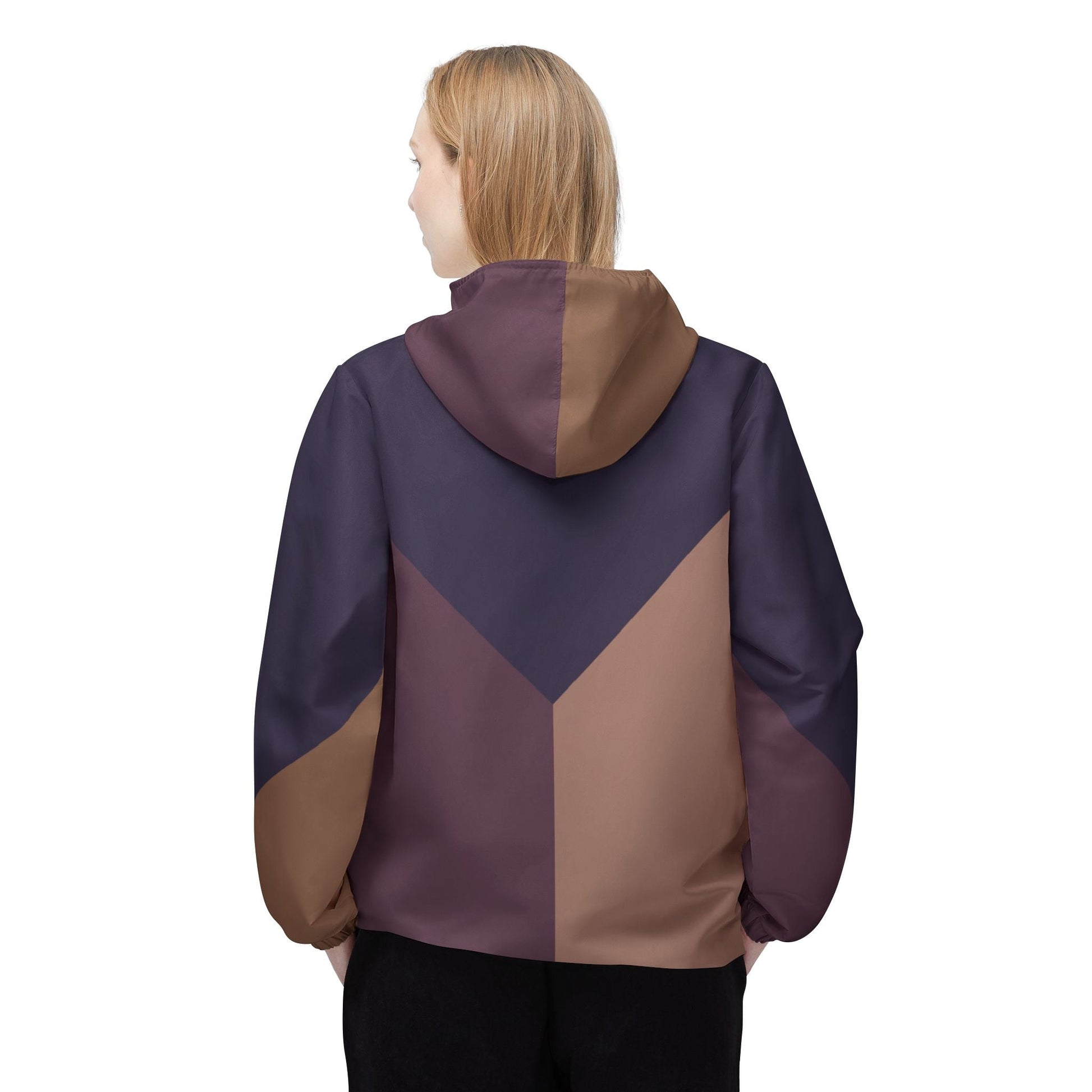 Geometric Chevron Windbreaker Jacket – Brown & Plum Colorblock Hooded Outerwear Printify bakabo.club