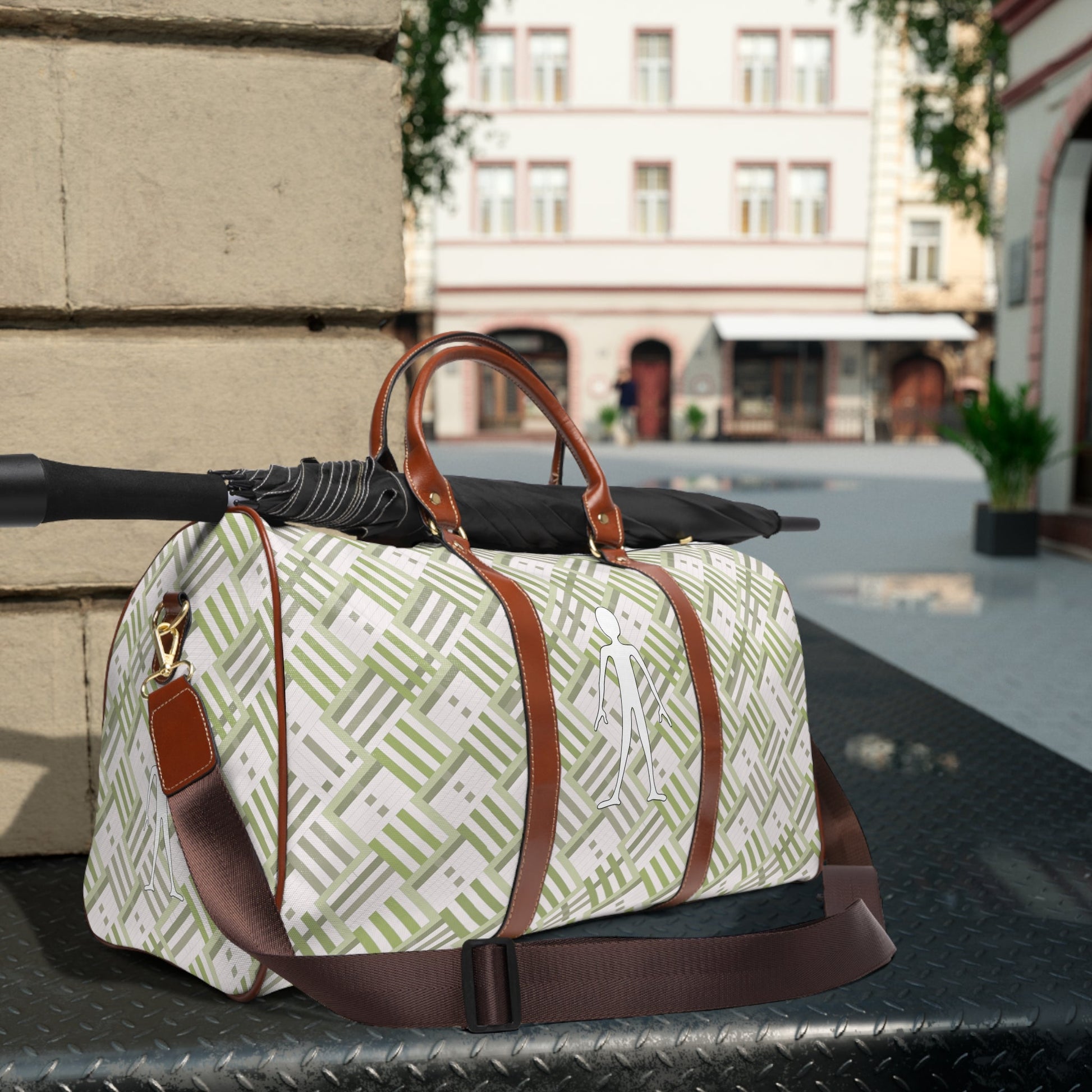 Waterproof Travel Bag – Olive Geometric Weekender Duffle with White Walker Icon Printify bakabo.club