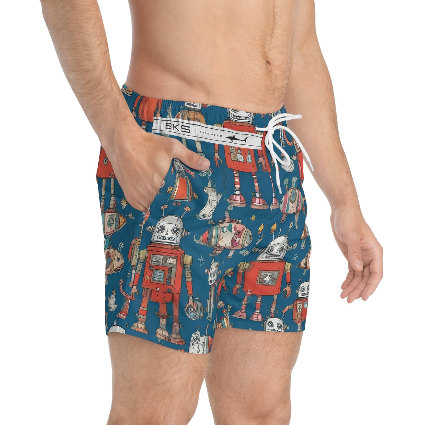 Retro Robot Swim Trunks — Vintage Toy Robot All-Over Print Swim Shorts Printify bakabo.club
