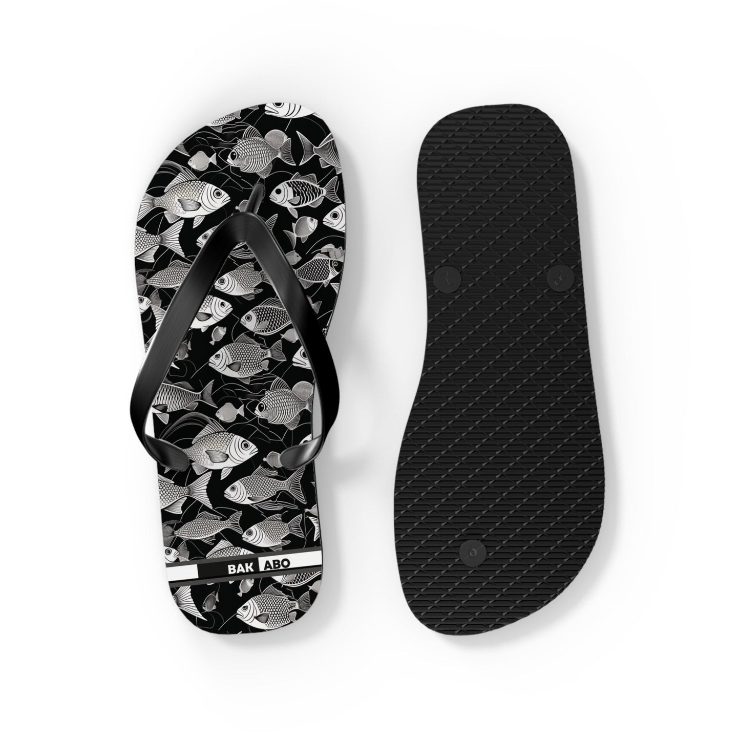 Tropical Fish Flip Flops — Black & White Beach Sandals with Fish Pattern Printify bakabo.club