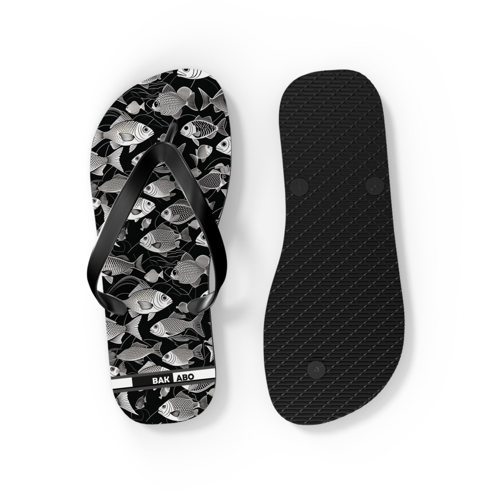 Tropical Fish Flip Flops — Black & White Beach Sandals with Fish Pattern Printify bakabo.club