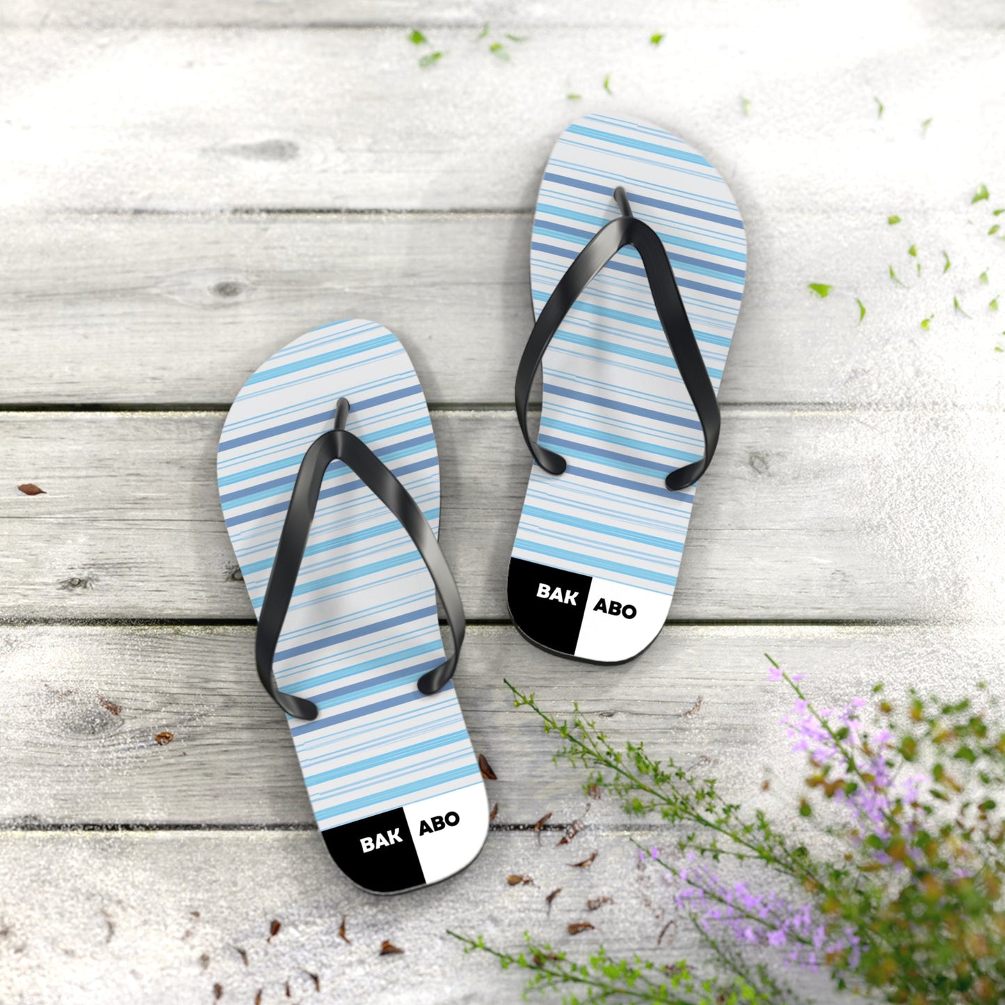 Striped Blue Flip Flops – Casual Beach Sandals with 'BAK ABO' Accent Printify bakabo.club