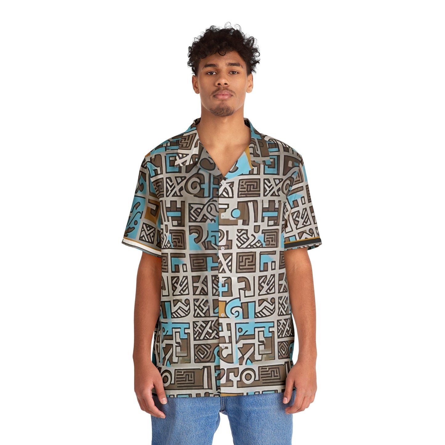 Tribal Geo Print Hawaiian Shirt — Blue & Taupe AOP Printify bakabo.club