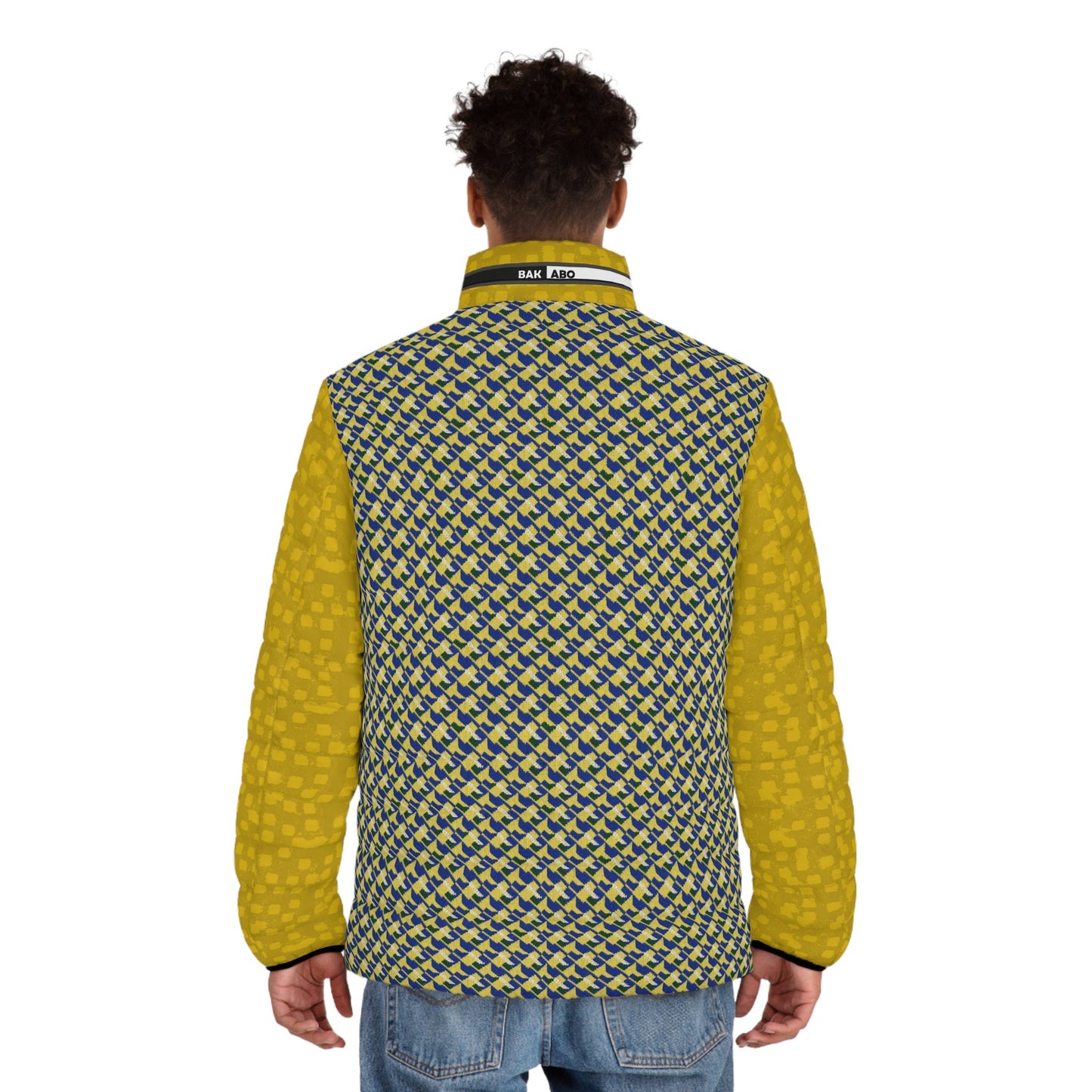 Men's Puffer Jacket — Yellow Geometric All-Over Print, Casual Lightweight Cold-Weather Coat