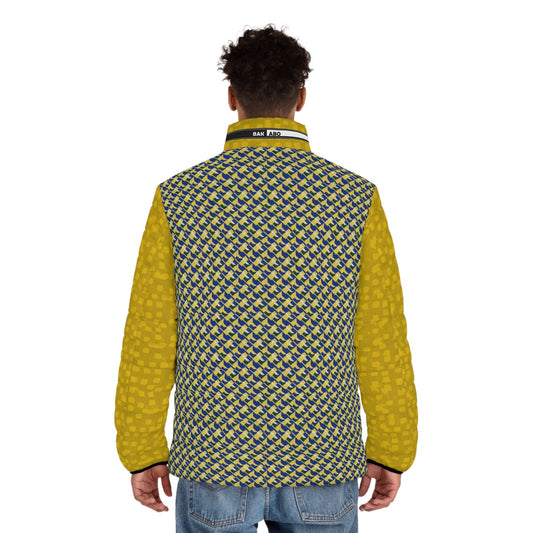 Men's Puffer Jacket — Yellow Geometric All-Over Print, Casual Lightweight Cold-Weather Coat