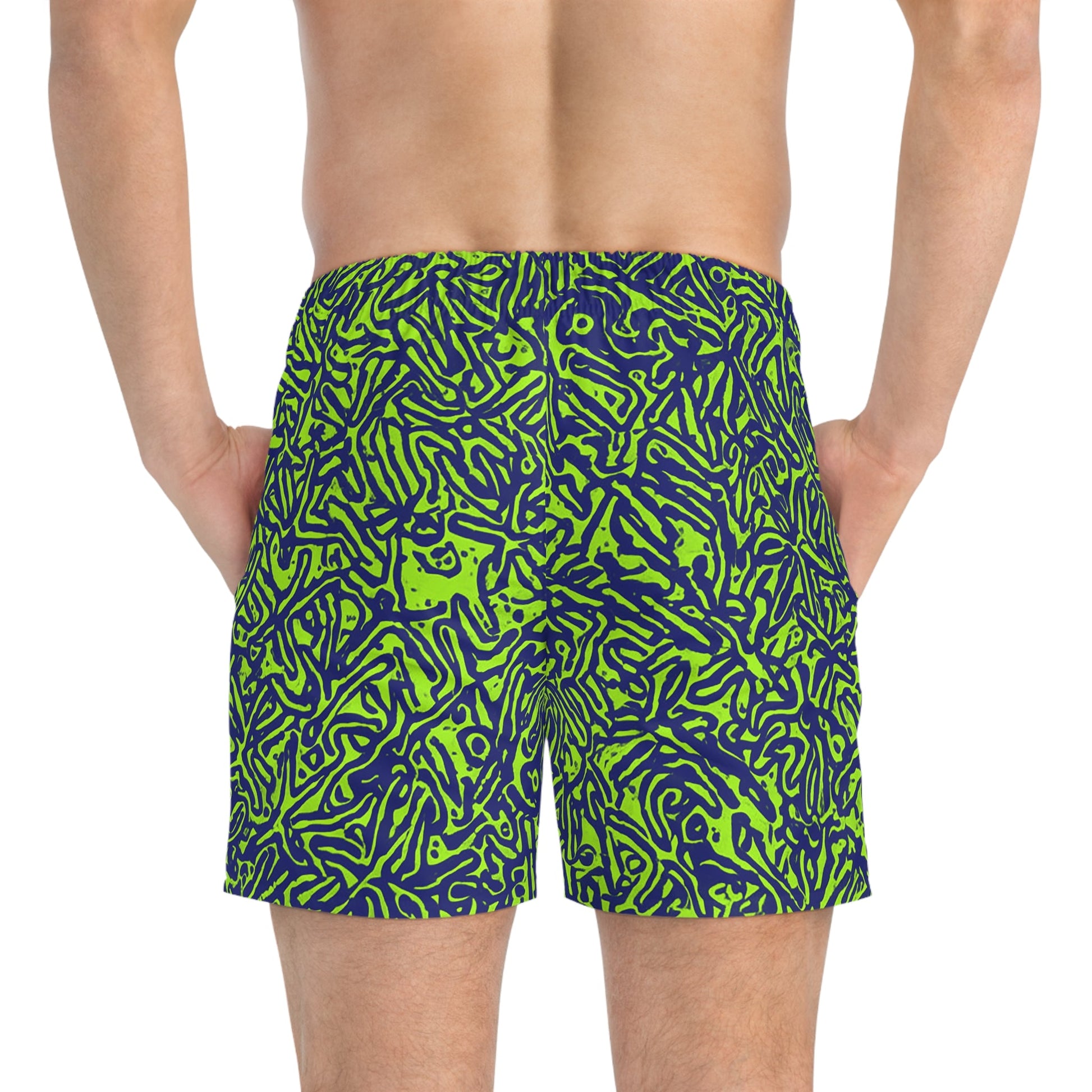 Neon Coral Reef Swim Trunks — Green & Navy All-Over Print Printify bakabo.club
