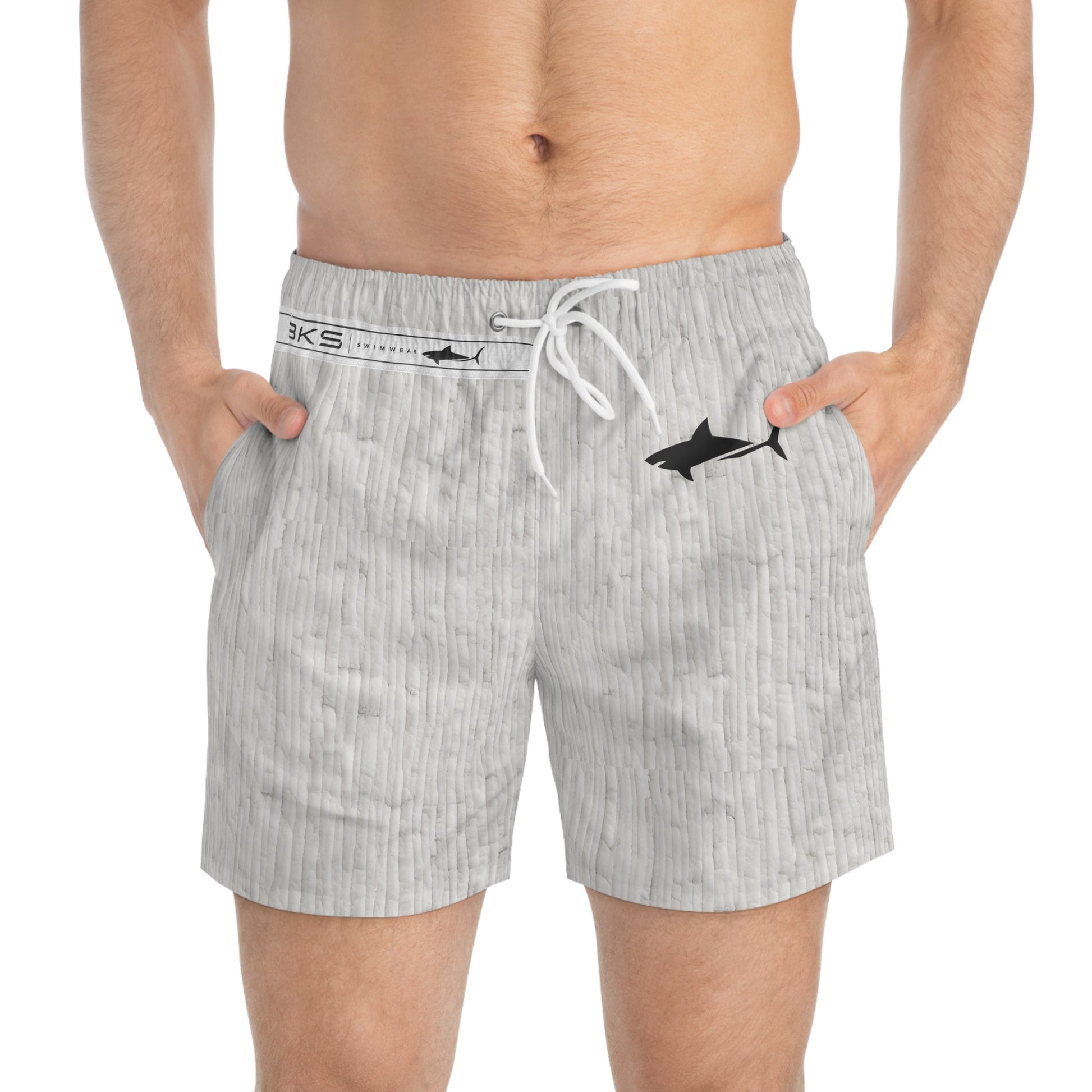 Men's Light Gray Textured Swim Trunks — Subtle Woodgrain AOP Beach Shorts Printify bakabo.club