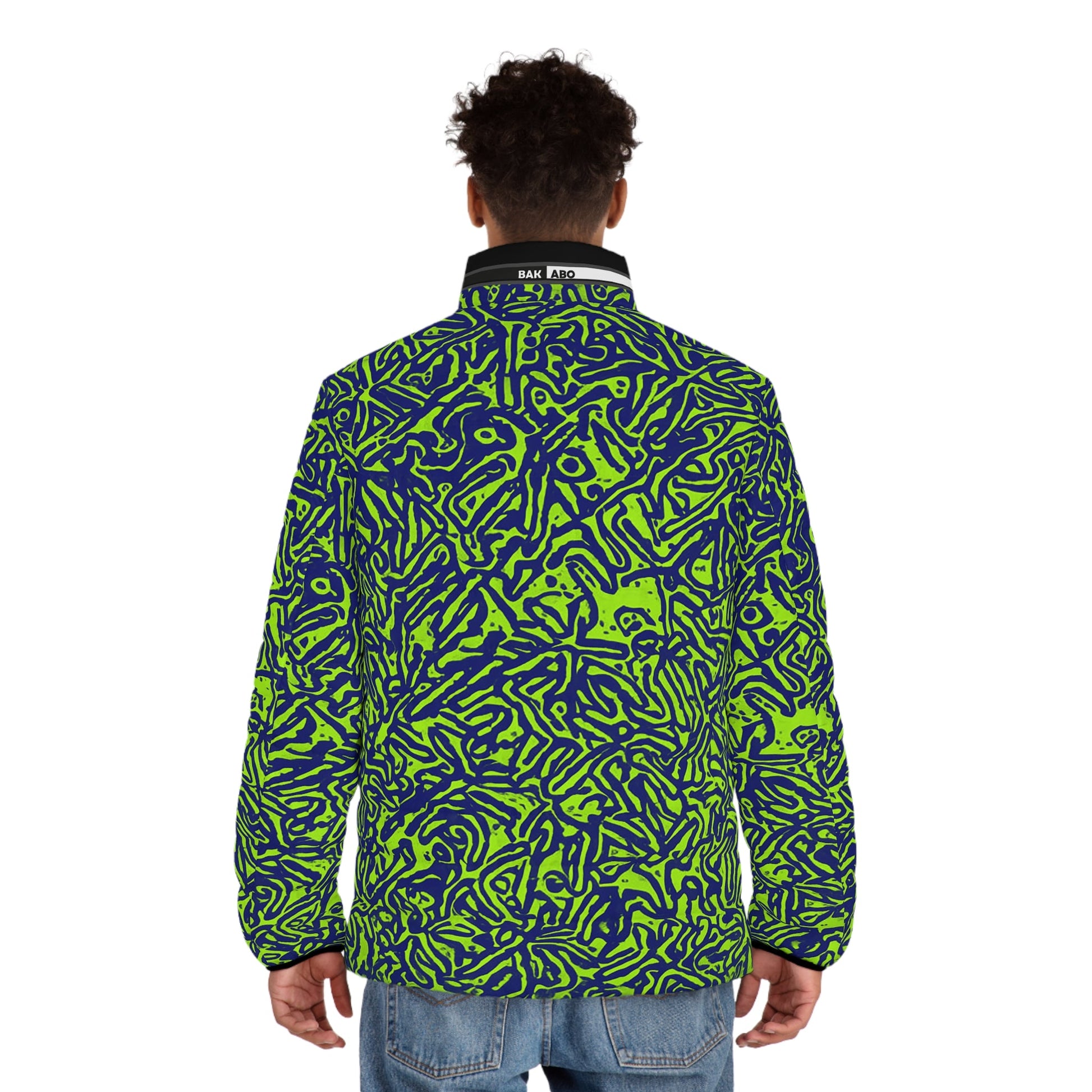 Men's Neon Abstract Puffer Jacket — Green & Navy All-Over Print Printify bakabo.club