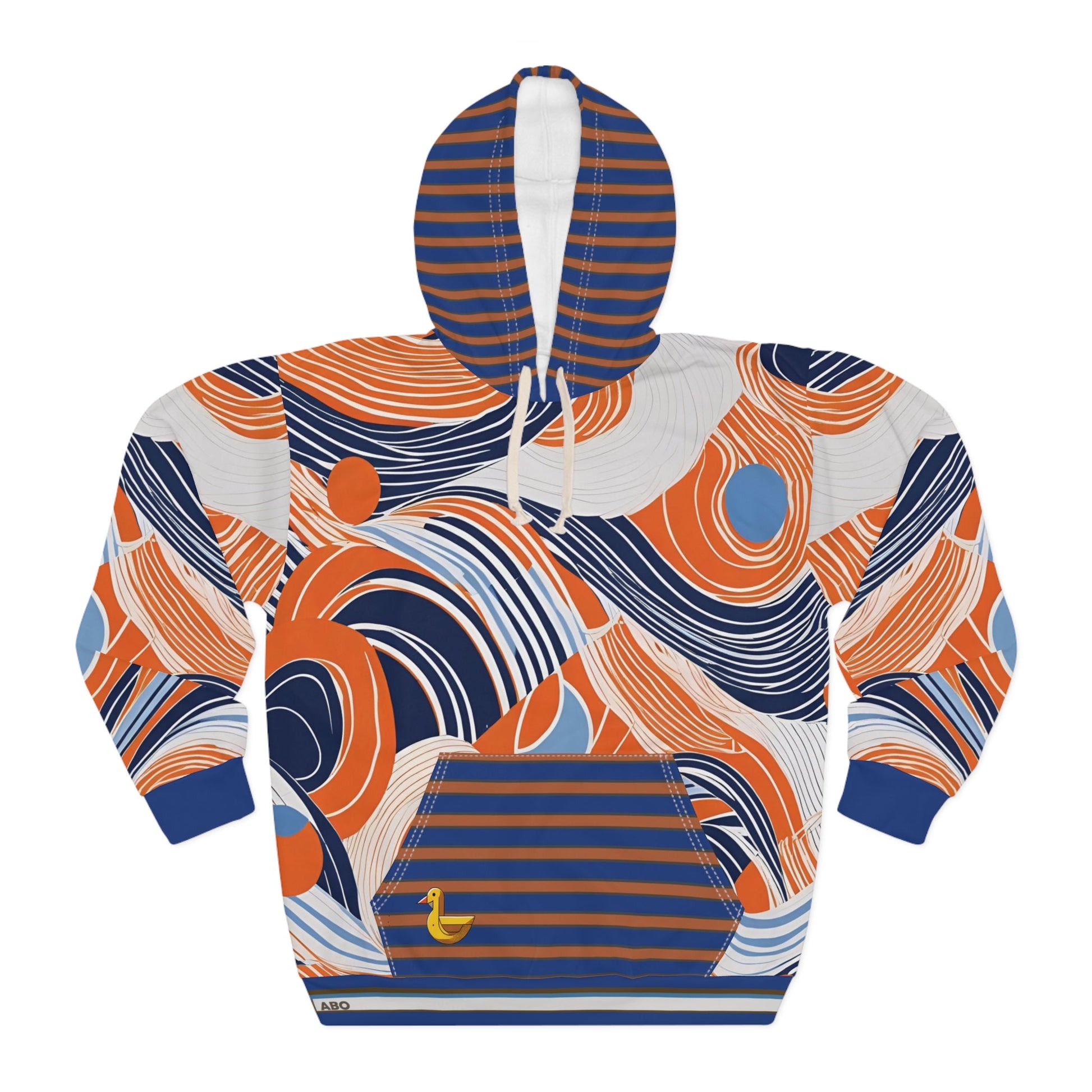 Abstract Wave Pattern Hoodie — Orange & Navy All-Over Print Pullover Printify bakabo.club