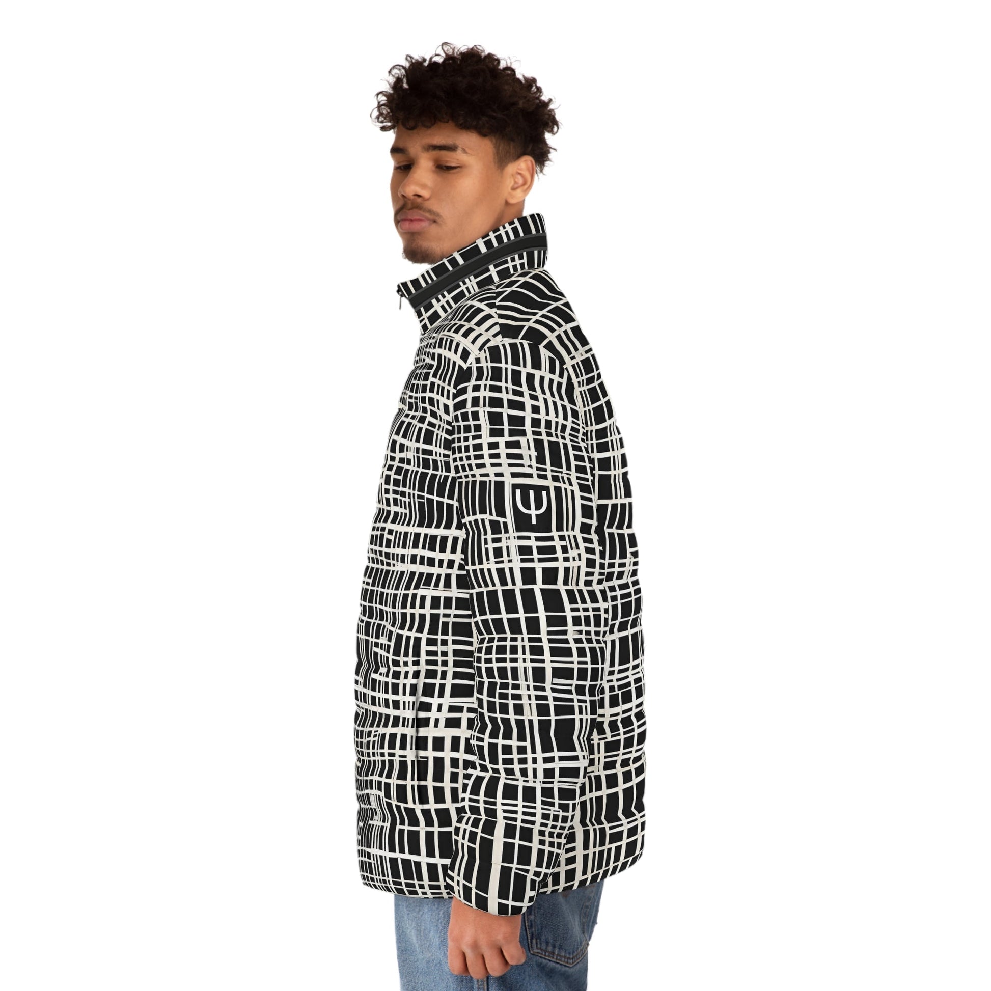 Men's Black & White Grid Puffer Jacket — Geometric All-Over Print Printify bakabo.club