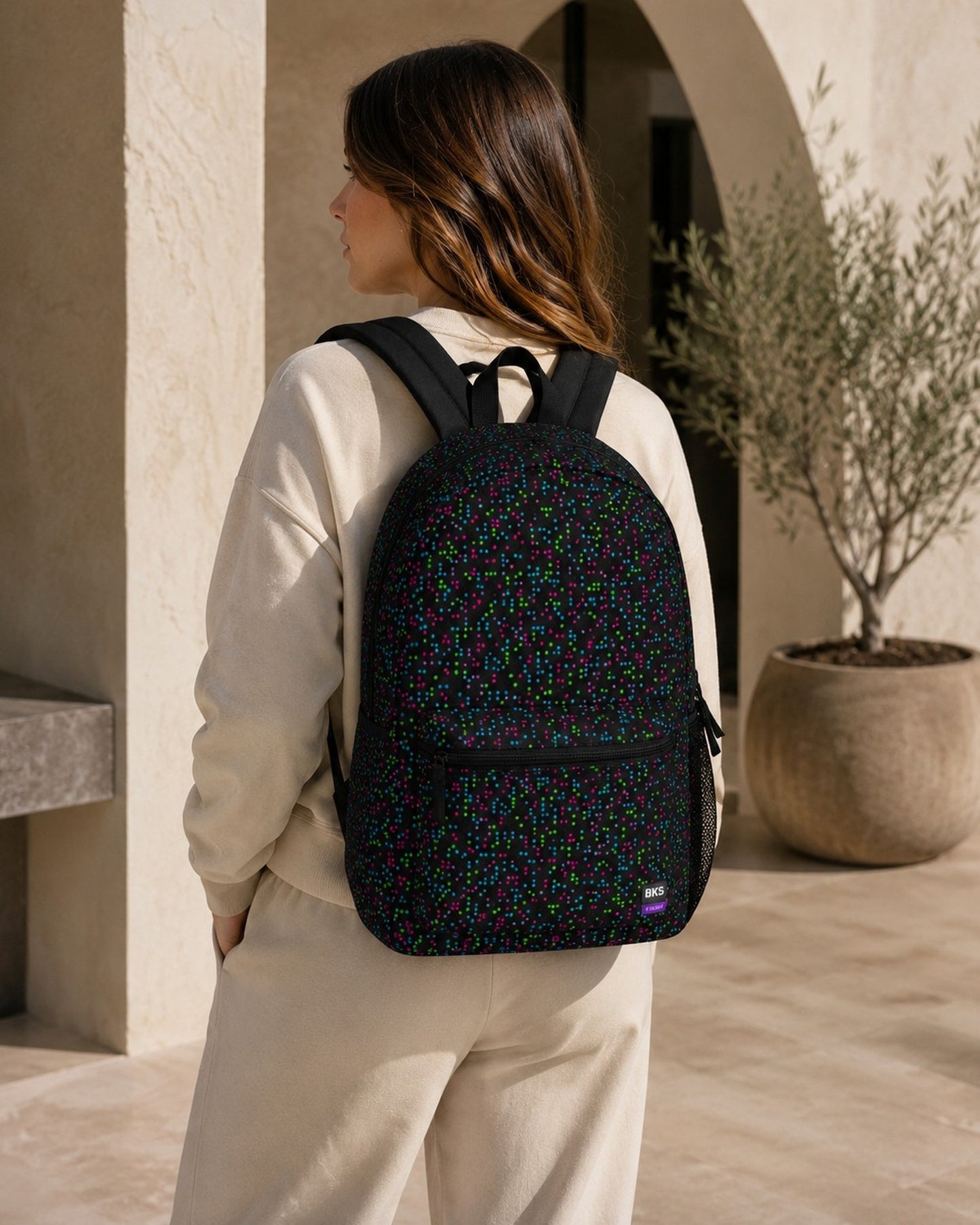 BKS Token Pixel Arcade Backpack — worn