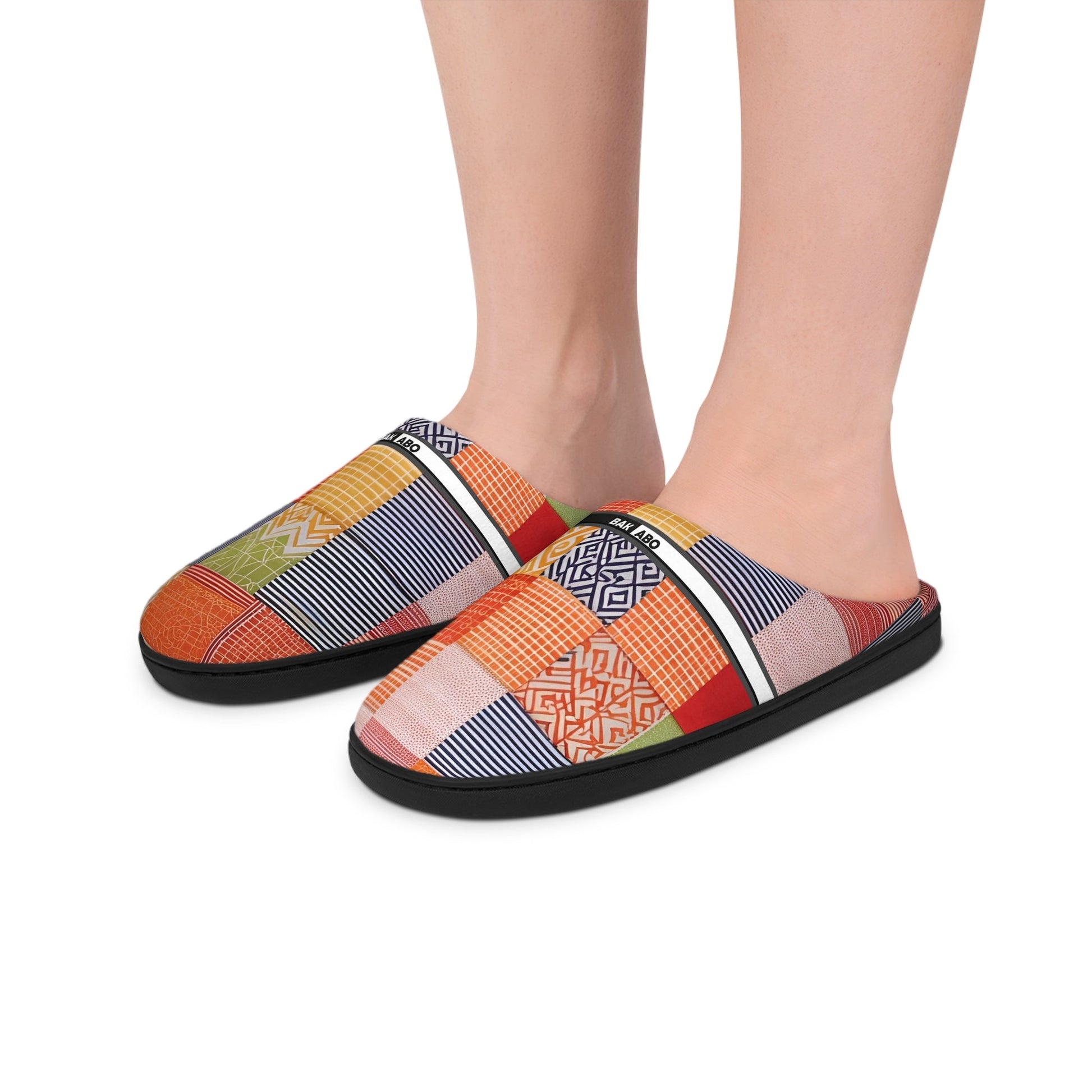 Patchwork Cozy Slippers — Women's Indoor Slip-Ons (Colorful Geometric Quilt Pattern) BakAbo Studio BKS bakabo.club